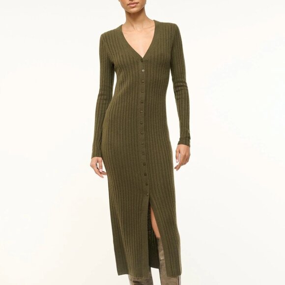 NWT STAUD Shoko Cashmere Knit Sweater Midi Dress XSmall/Medium Dark Olive - Picture 4 of 8